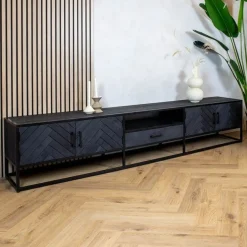Scandi tv meubel industrieel mangohout visgraat zwart 240cm