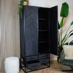 Scandi wandkast industrieel mangohout visgraat zwart 90cm