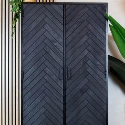 Scandi wandkast industrieel mangohout visgraat zwart 90cm