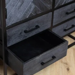 Scandi wandkast industrieel mangohout visgraat zwart 90cm