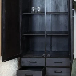 Scandi wandkast industrieel mangohout visgraat zwart 90cm