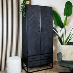 Scandi wandkast industrieel mangohout visgraat zwart 90cm