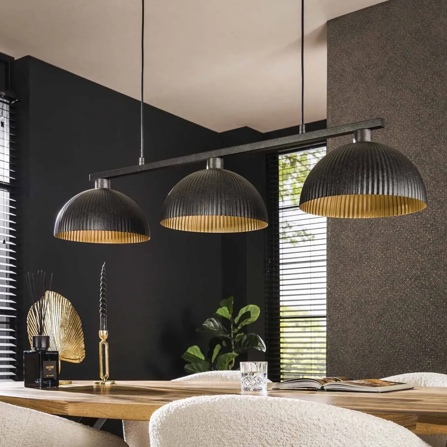 Sean 3-lichts Hanglamp ribbel goud/zwart
