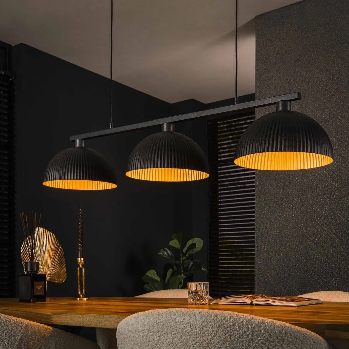 Sean 3-lichts Hanglamp ribbel goud/zwart