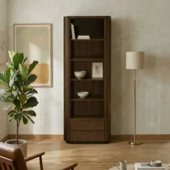 Smalle boekenkast open 2 lades Yama walnoot | 56cm