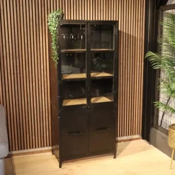 Smalle vitrinekast Garcia industrieel zwart hout 80cm