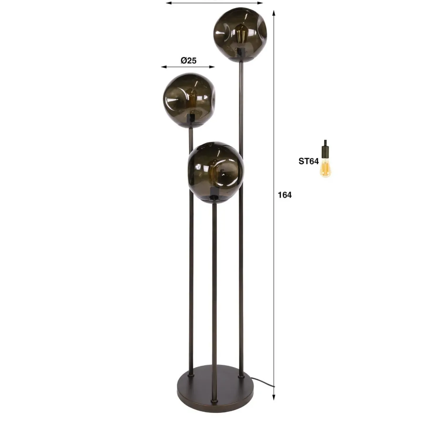 Solaro 3-lichts Vloerlamp Getrapt Bruin glas