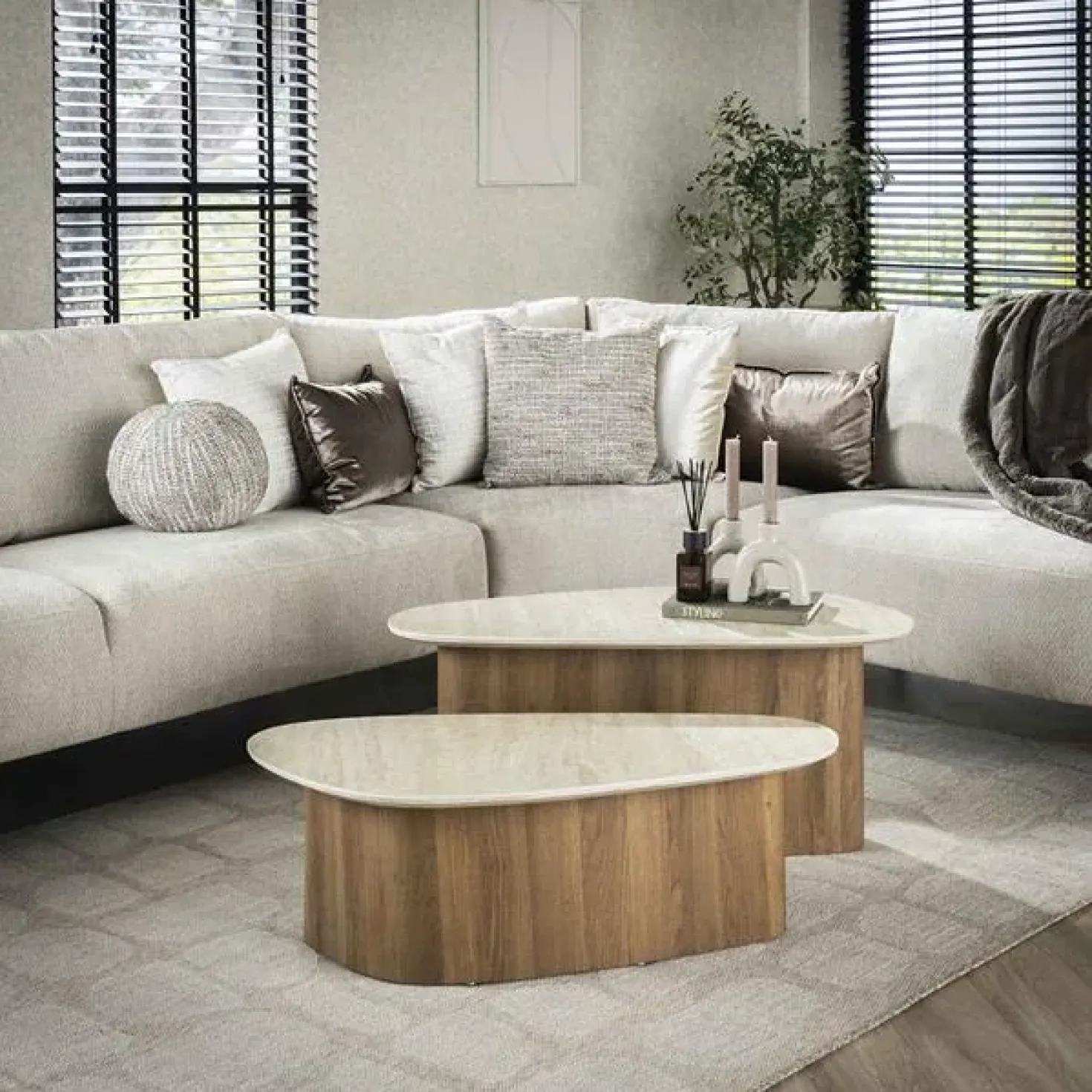 Strato Salontafel set van 2 driehoekig Keramiek travertin