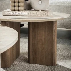 Strato Salontafel set van 2 rond smalle poten Keramiek travertin