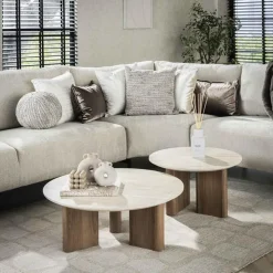 Strato Salontafel set van 2 rond smalle poten Keramiek travertin