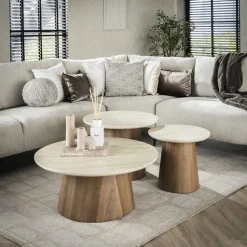 Strato Salontafel set van 3 rond blok poten Keramiek travertin