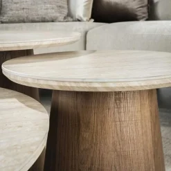 Strato Salontafel set van 3 rond blok poten Keramiek travertin