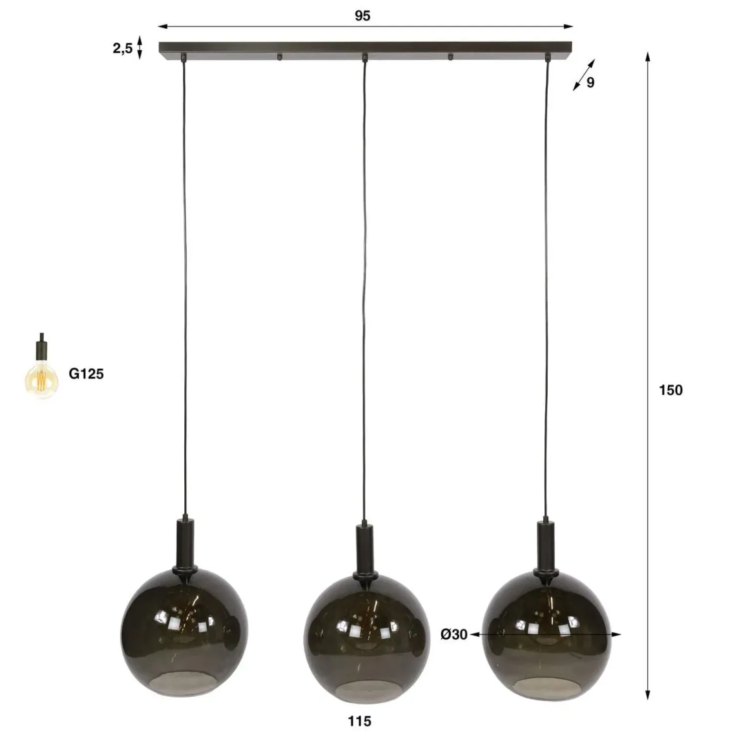 Tessio 3-lichts Hanglamp Bruin glas