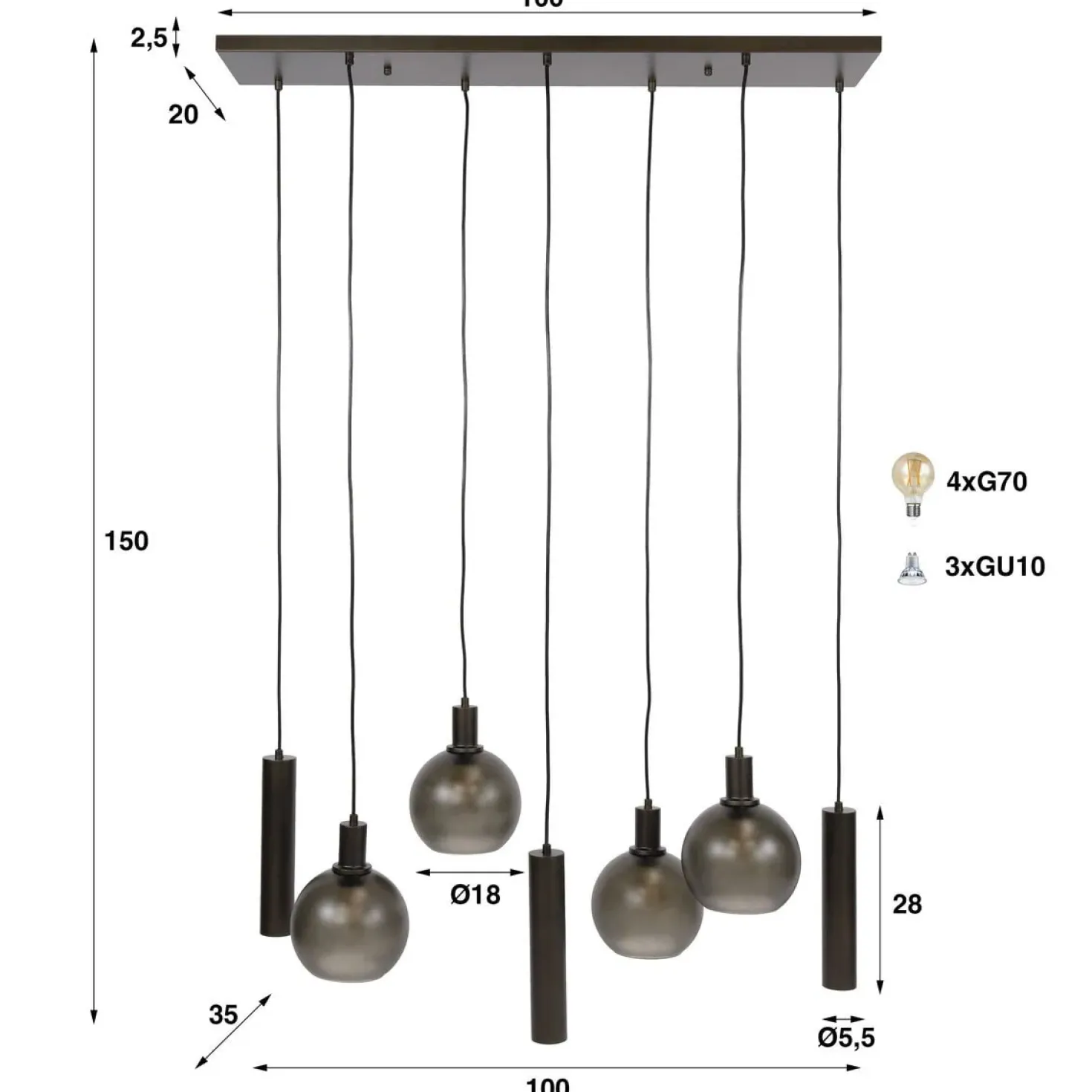 Tessio 7-lichts Hanglamp bruin-frosted