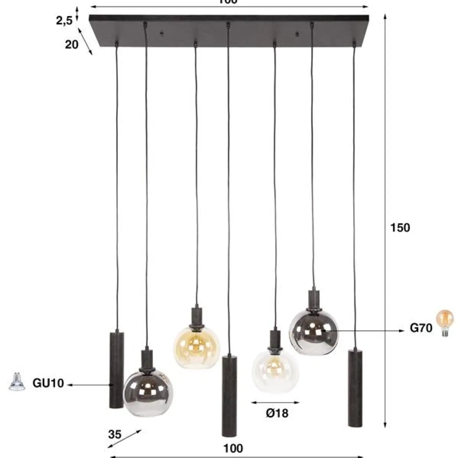 Tessio 7-lichts Hanglamp Multikleur glas