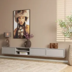 Tony Zwevend Tv meubel Taupe Mangohout 280 cm