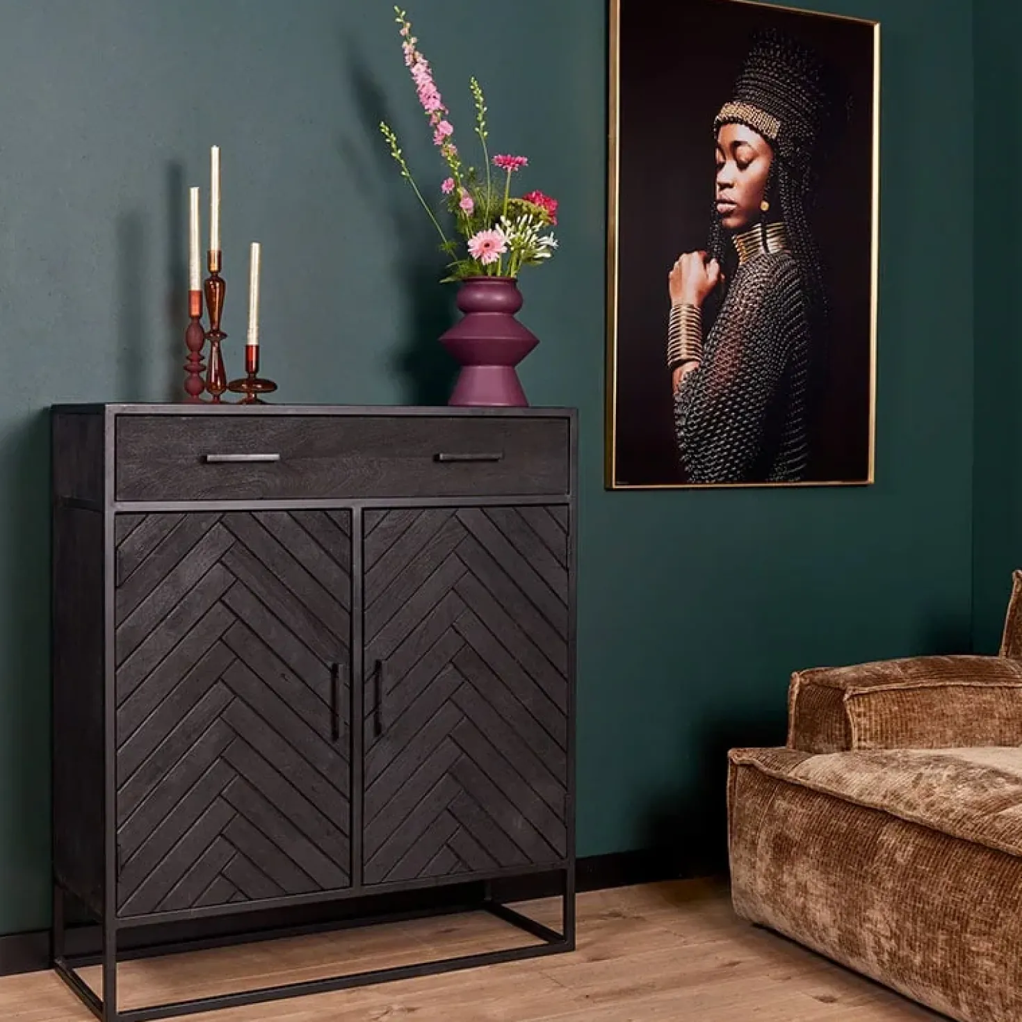 Wandkast Scandi visgraat zwart mangohout 100cm