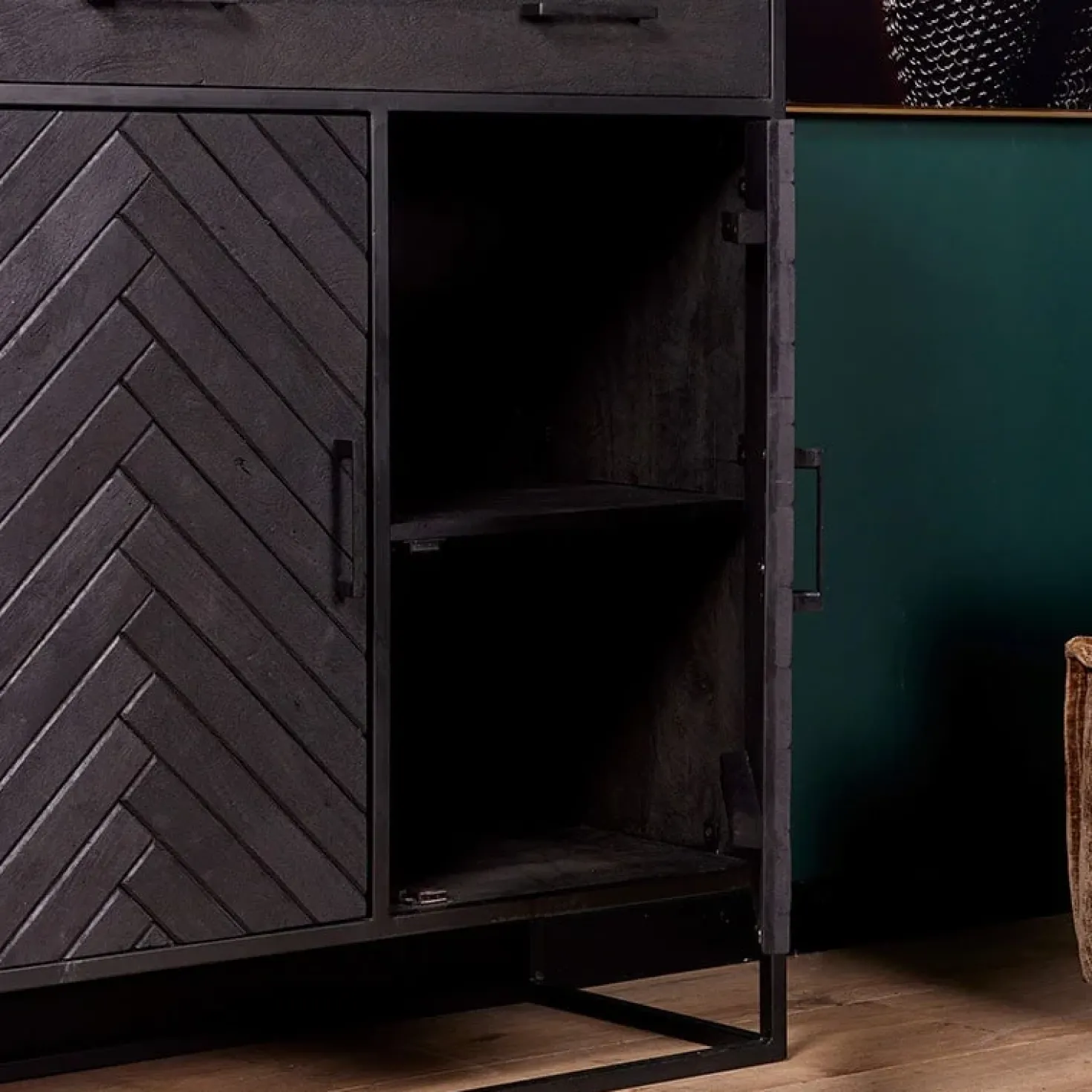 Wandkast Scandi visgraat zwart mangohout 100cm
