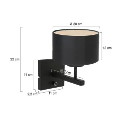 Wilco 1-lichts Wandlamp Zwart met Zwart Linnen kap