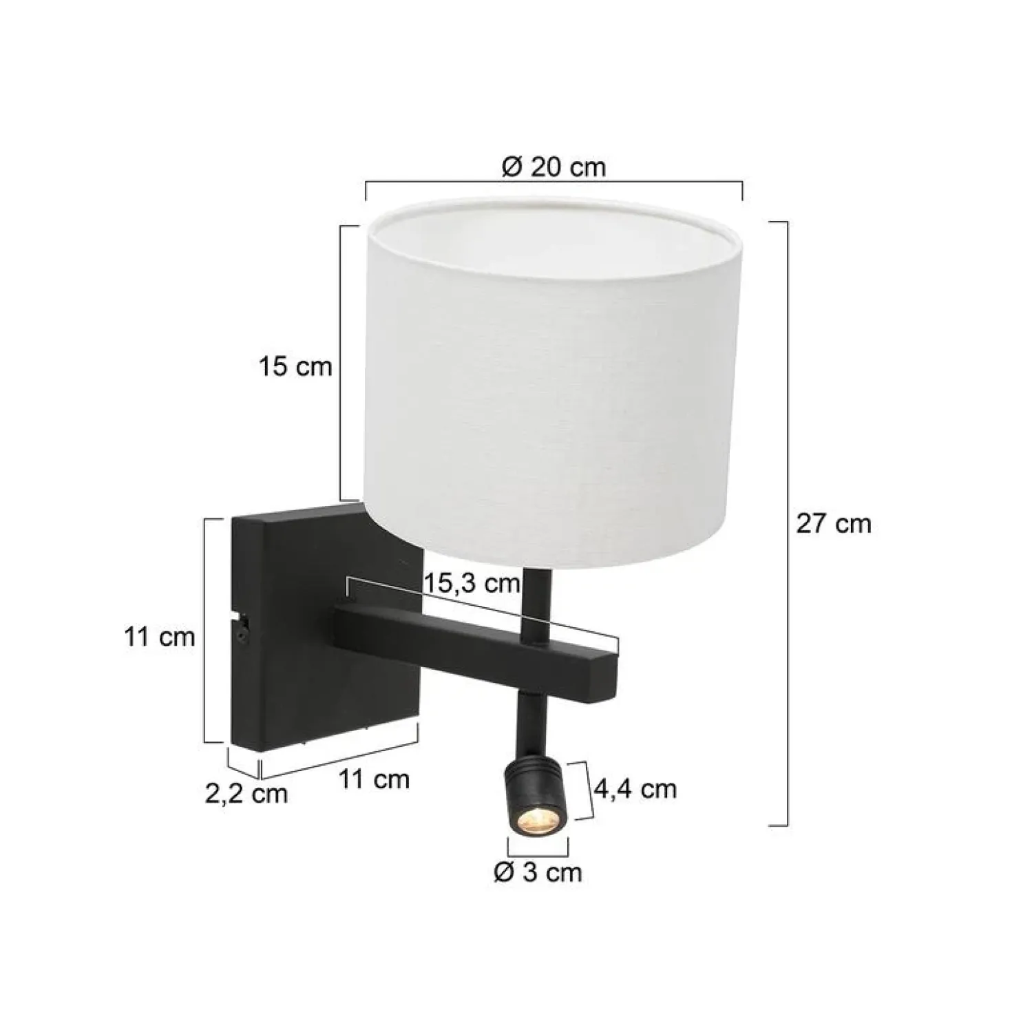 Wilco 2-lichts Wandlamp Zwart met Wit Linnen kap