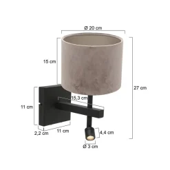 Wilco 2-lichts Wandlamp Zwart met Zilver Velvet kap