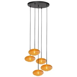 Zavi 5-lichts Getrapte Hanglamp Geribbeld Amberglas
