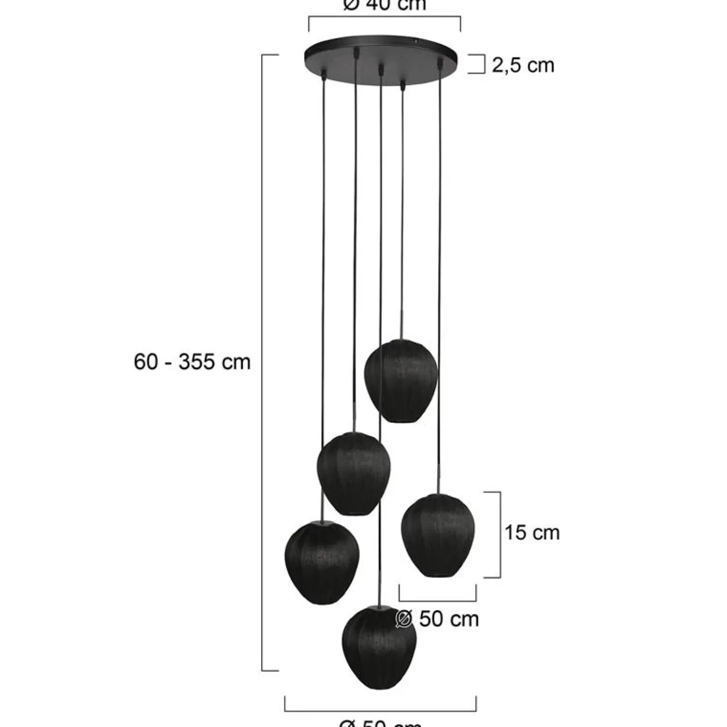 Zavi 5-lichts Getrapte Hanglamp Zwart Stof